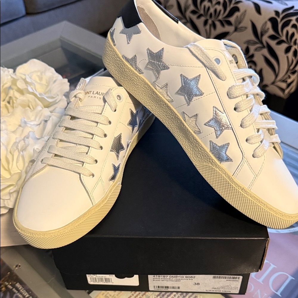 Saint Laurent White and Silver Star Sneakers